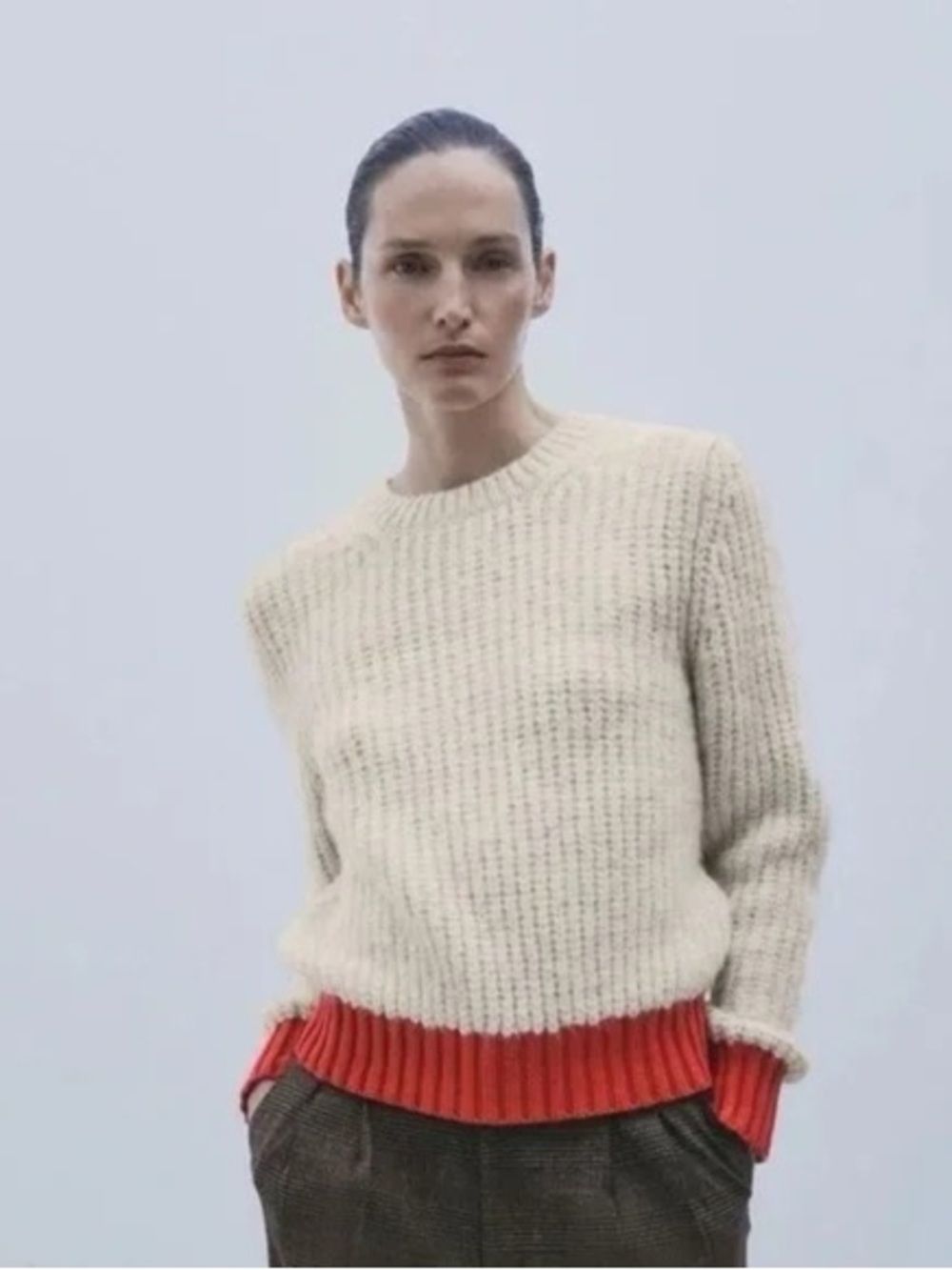 Zara Chunky Knit Crewneck Sweater S Cream Red Contrast Trim